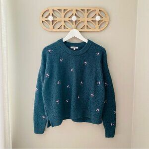 Madewell Embroidered Cross-Stitch Floral Pullover Sweater Green Sz Medium